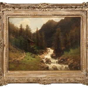 Rustic Landscape Oil Painting in Ornate Gold Frame